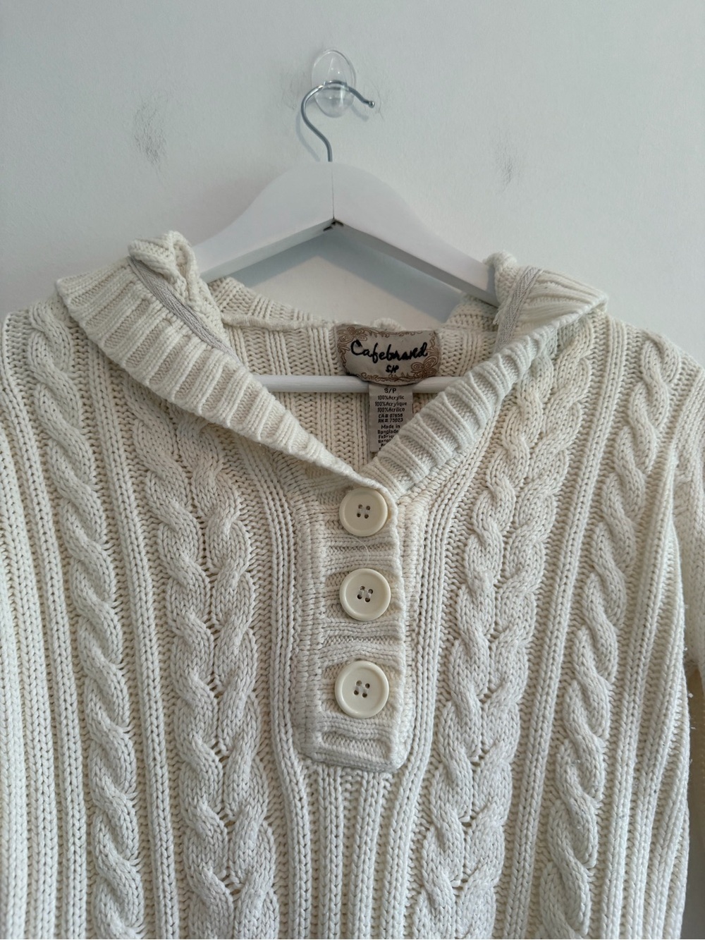 Y2K Cream Cable-Knit Hooded Sweater with Button Placket - Picture 4 of 6